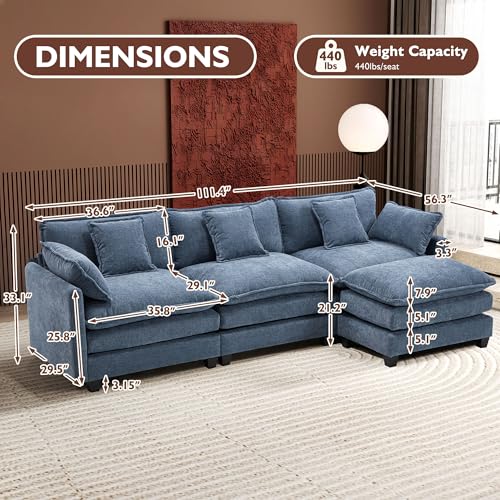 Ihanherry 111.4" U Shaped Modern Cloud Sofa Modular Sectional Couch with 2 Ottoman, 5-Seat Chenille Deep Seat Sofa with Pillow for Living Room