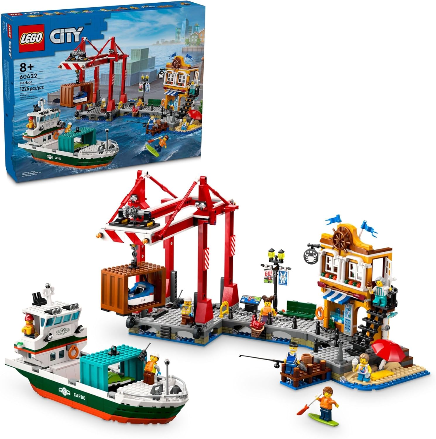 LEGO City Seaside Harbor with Cargo Ship Toy, Model Container Crane and Boat with 8 Minifigures Included