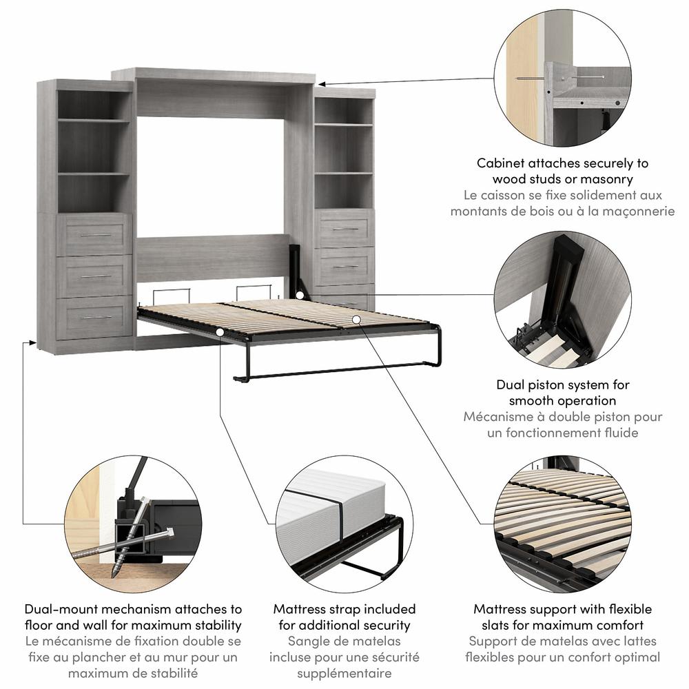 Bestar Pur Queen Murphy Bed and 2 Shelving Units with Drawers (115W) in Platinum Gray