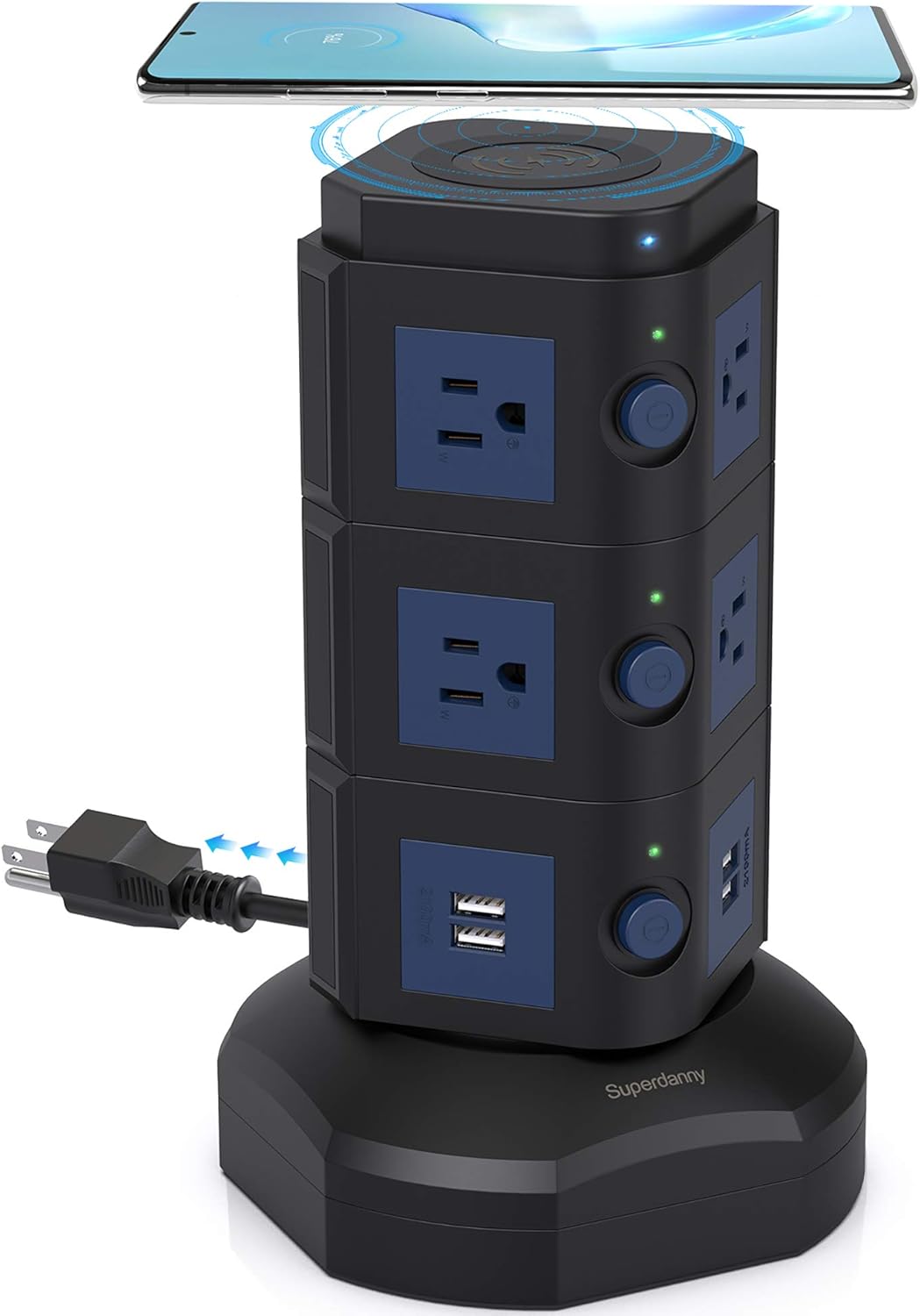 Power Strip Tower, SUPERDANNY Surge Protector Tower with 15W Magnetic Wireless Charger, 1050J, 13A Charging Station with 12 AC Outlets & 6 USB Ports