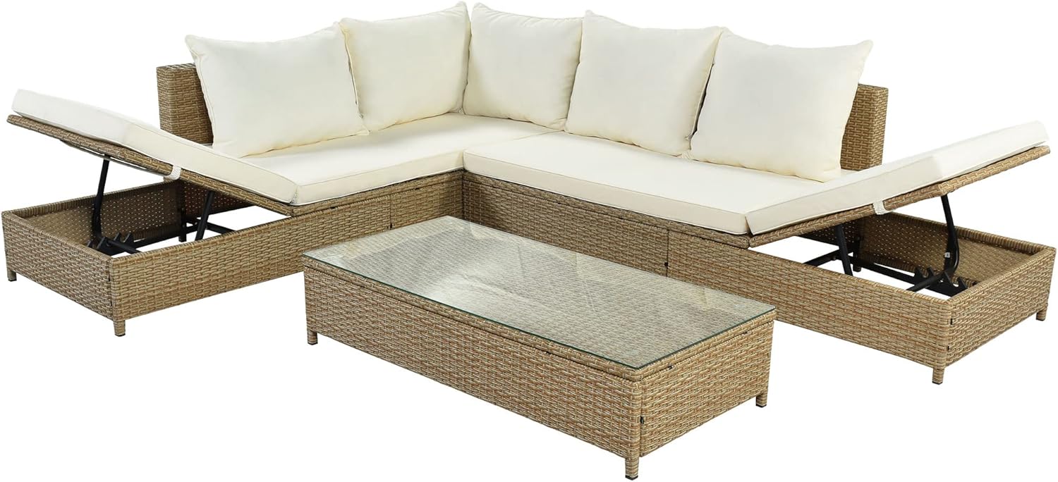 3-Piece Patio Furniture, Weather PE Rattan Wicker Sectional Sofa Set with Adjustable Chaise Lounge Frame and Tempered Glass Table