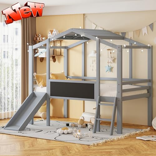 Harper & Bright Designs Kids Twin Low Loft Bed with Slide and Storage Shelves, Wood Playhouse Loft Bed Frame with a Tent & Stairs