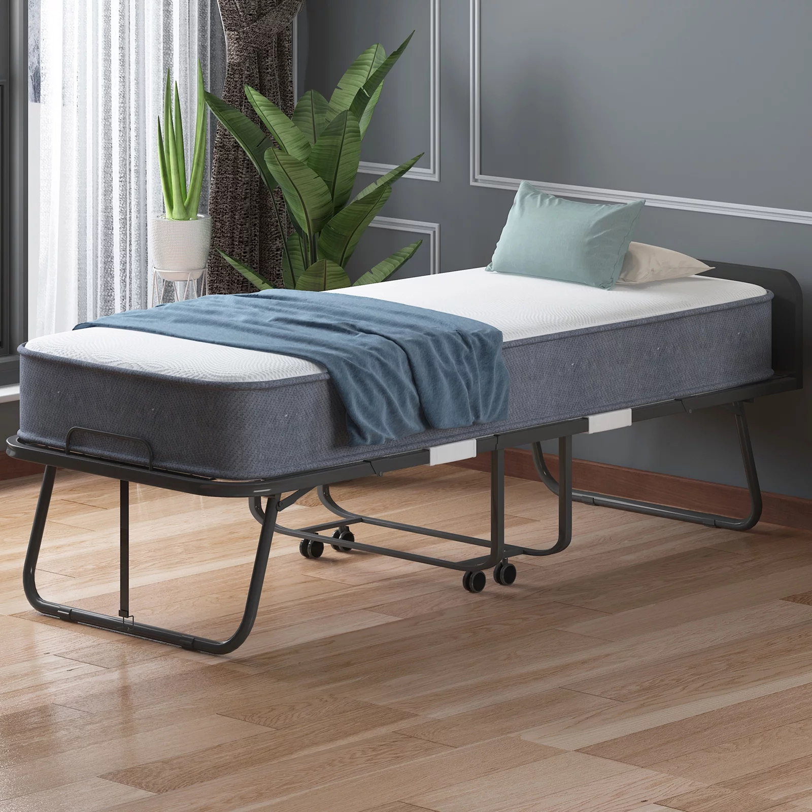 ZAFLY Folding Bed with Mattress, Portable Bed, Foldable Bed with High Resilient Foam Mattress
