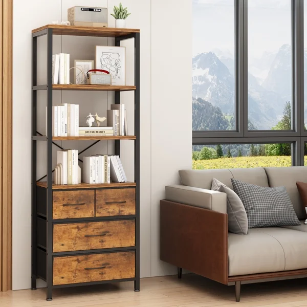 SYTHERS 6 Layer Bookshelf with Drawers, Tall Bookcase with Shelves, Wood & Metal Book Shelf Storage Organizer