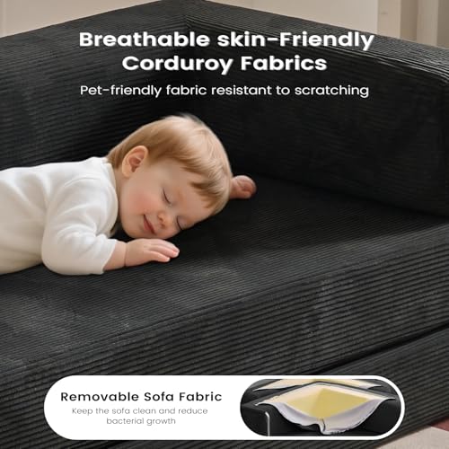 Convertible Sleeper Sofa Bed No Assembly Corduroy Upholstered Green Modular Floor Couch Queen/King Size Foldable Futon with Memory Foam for Apartment