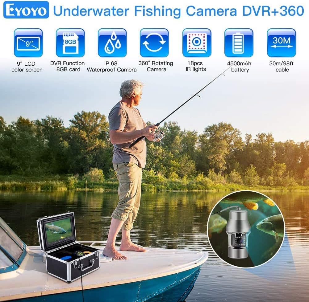 Eyoyo Underwater Fishing Camera Video Fish Finder DVR Function 9 inch Large Color Screen 360° Horizontal Panning Camera 1000TVL w/ 18 Infrared IR