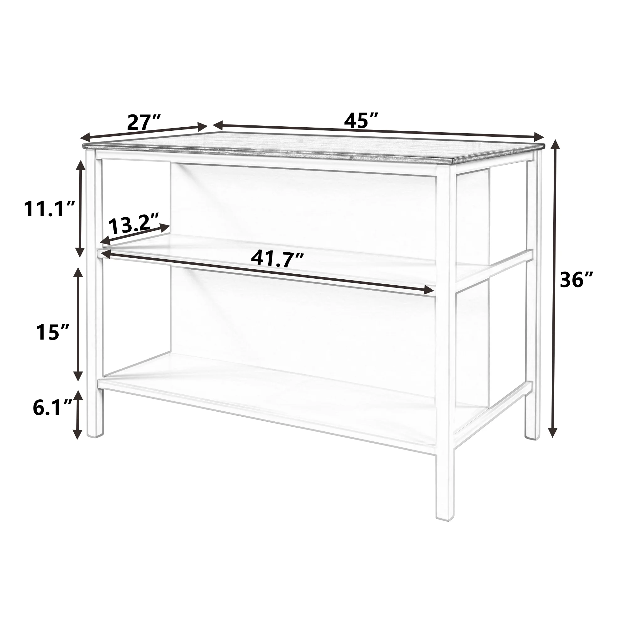 TOPMAX Solid Wood Rustic 45" Stationary Kitchen Island, Rubber Wood Butcher Block Dining Table Prep Table with 2 Open Shelves for Small Places