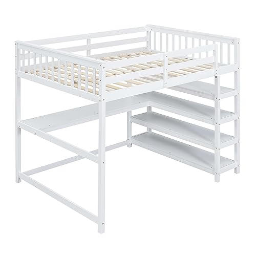 Harper & Bright Designs Full Loft Bed with Desk and Wardrobe,Solid Wood Loft Bed Frame Full with Storage Drawers for Kids Teens Adults