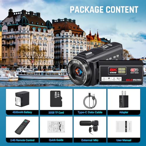 8K 64MP Video Camera Camcorder, 18X Digital Zoom with IR Night Version Vlogging Camera for Youtube, 3.0" IPS Touch Screen with one 4500mAh Battery