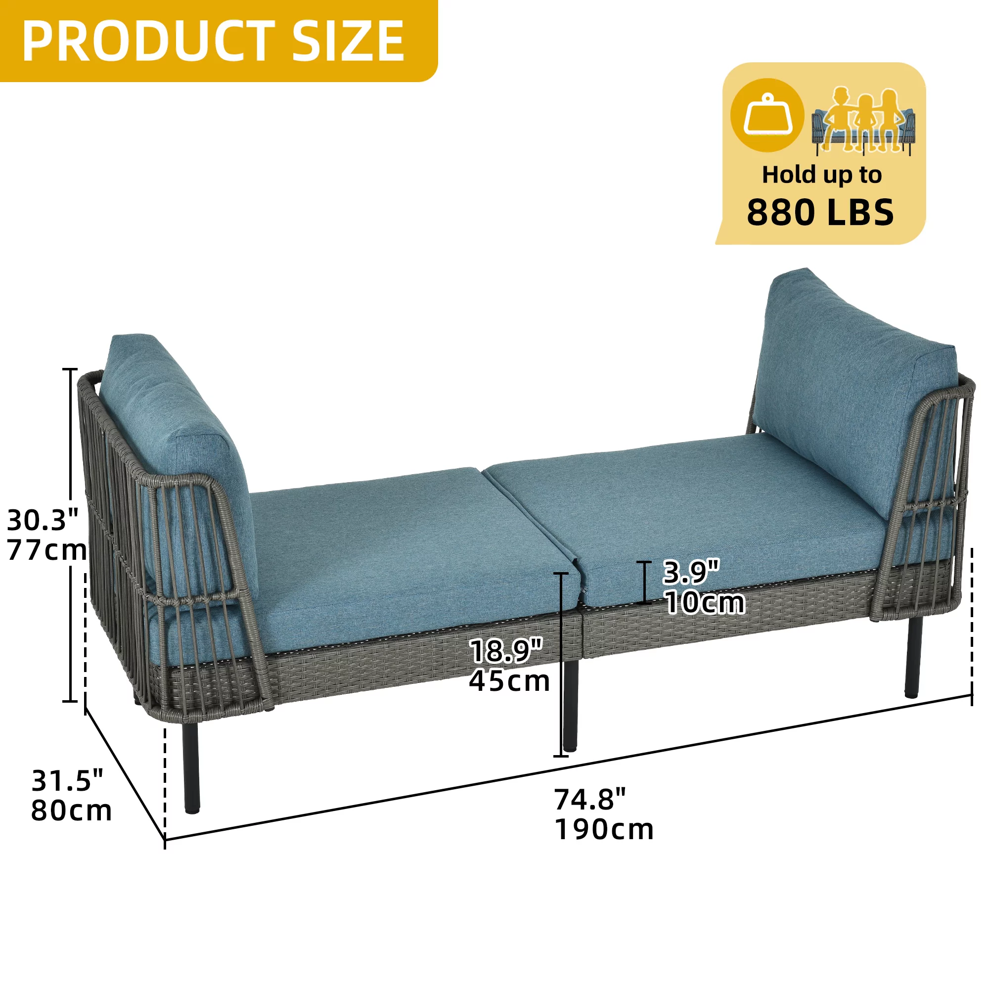 DWVO 74in Outdoor Daybed Wicker Patio Sofa Bed With Thickness Cushion Indoor Bed Lounger for Balcony Garden Deck Lawn - Blue