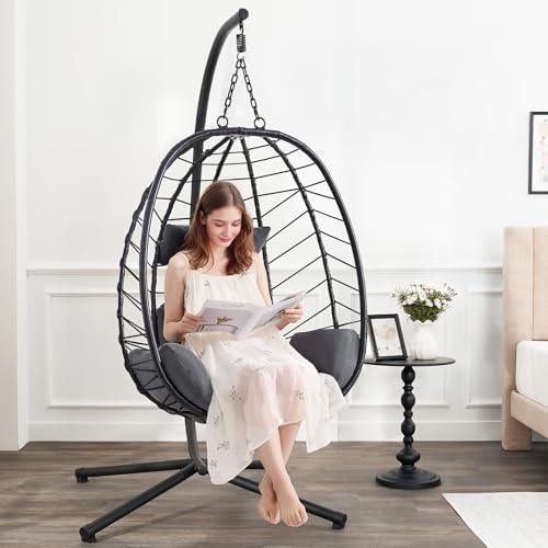 Hanging Egg Chair with Stand, Outdoor Indoor Egg Swing Chair with Cushion Headrest, Wicker Rattan Egg Chair with Dual Chains