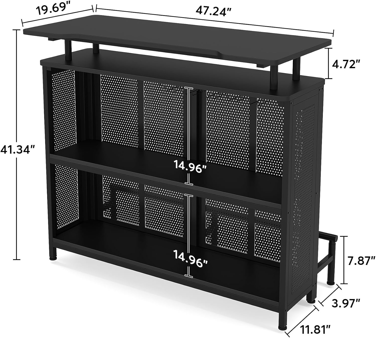 Industrial Liquor Bar Table, Portable Bar, Home Bar Unit Cabinet, Industrial 3-Tier Liquor Bar Table with Stemware Rack