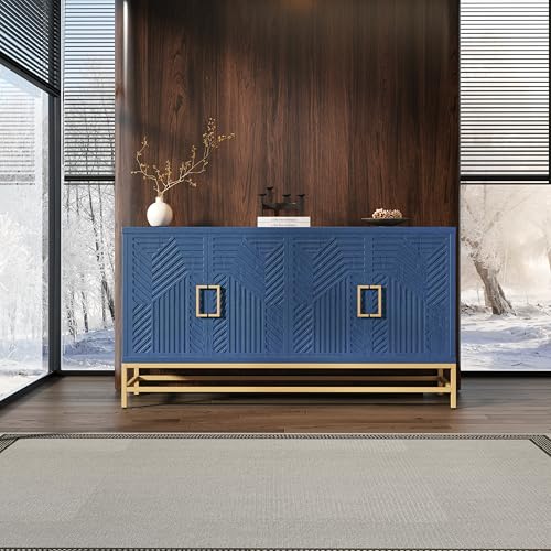 59.8" Retro Style Accent Storage Cabinet with 4 Doors and Rectangular Metal Handles and Legs, Wooden Buffet Sideboard Adjustable Shelves for Kitchen