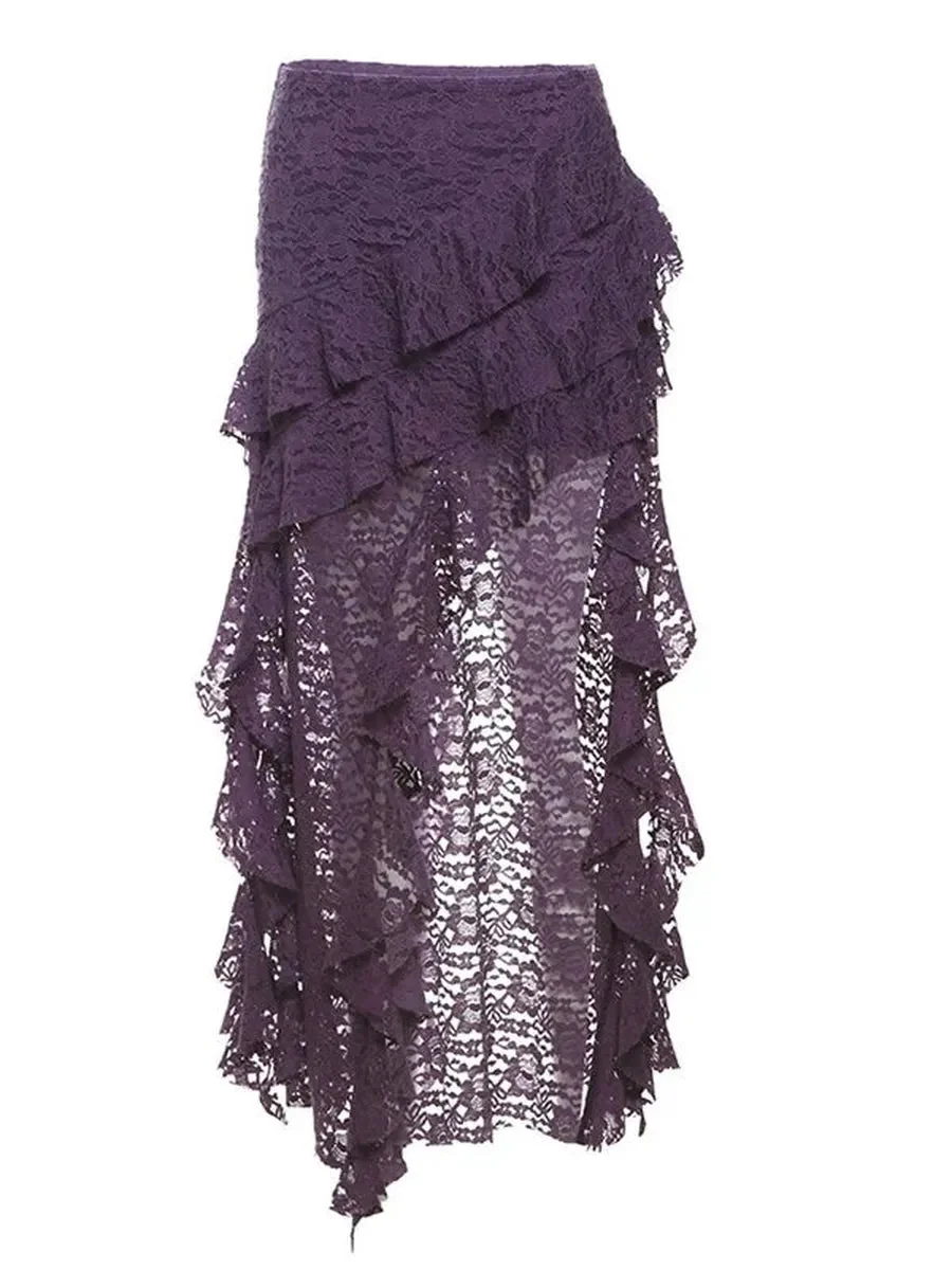 'Tipsy' Boho Style Lace Ruffle Irregular Hem Midi Skirt