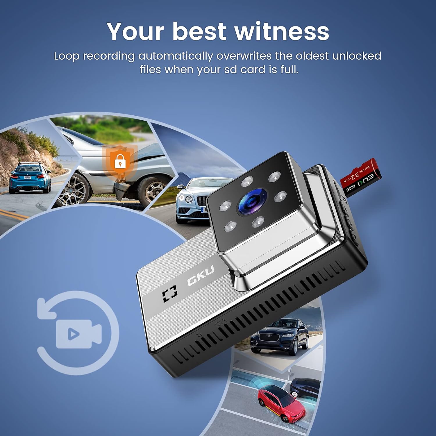 GKU Dash Cam Front and Rear Full HD Dual 1080P Dash Camera for Cars, 170° Wide Angle Backup Car Camera with Super Night Vision
