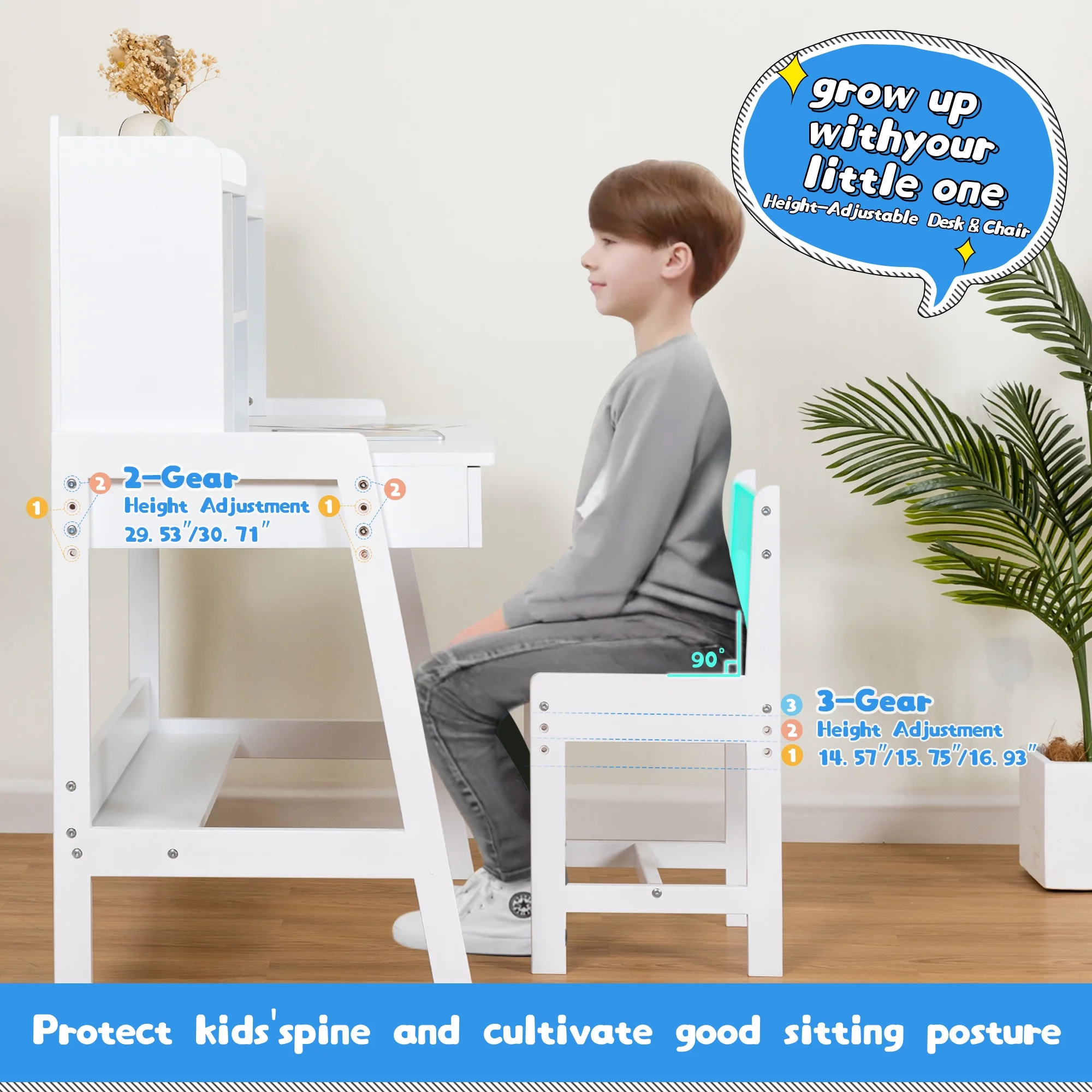 Kids Desk and Chair Set, White Wooden Study Desk for Kids with Drawers