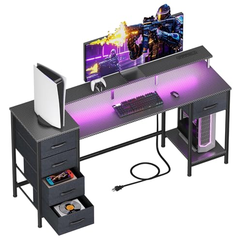 47 Inch Computer Gaming Desk with Power Outlets LED Lights Reversible Home Office with Adjustable Fabric Storage Drawers for Working Writing Study