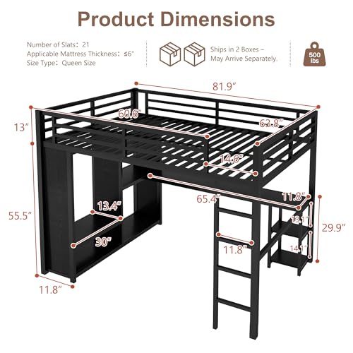 Queen Heavy Duty Metal Loft Bed with L-Shaped Desk, Wardrobe & 5 Storage Shelves – Space-Saving Design for Kids, Teens, Adults – CPC Certified