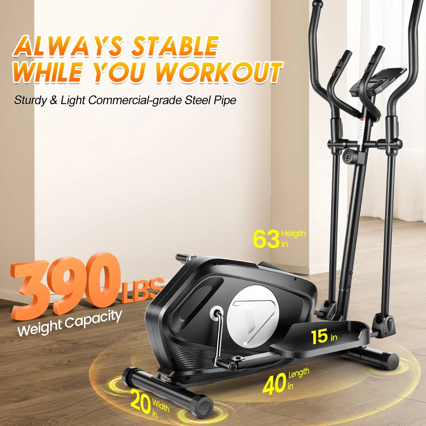 Elliptical Machine 8 Levels Elliptical Trainers with Heart Rate Sensor LCD Monitor Smooth Quiet Driven for Home Gym Office 390lbs Capacity 15inch