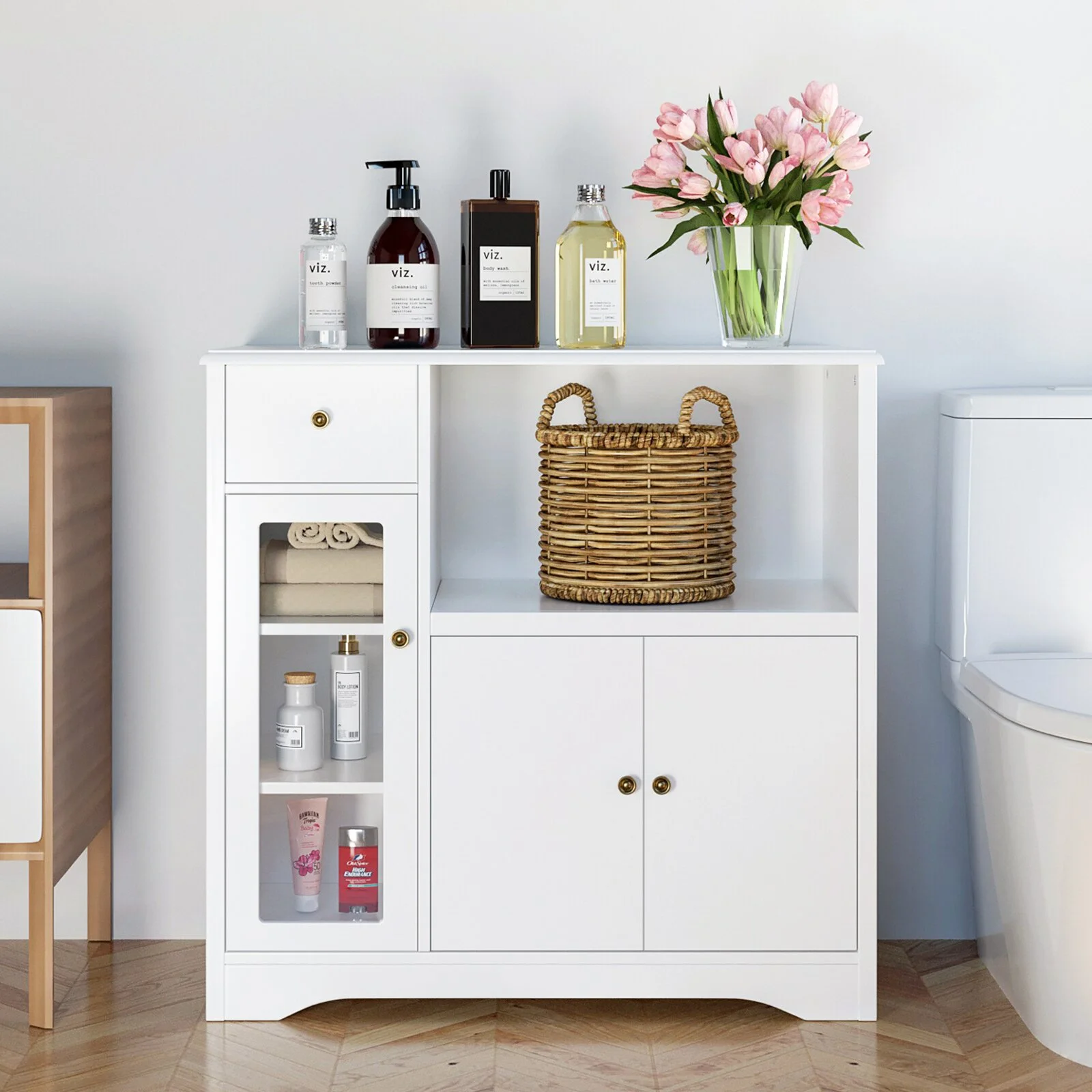 Homfa Microwave Cabinet with Hutch, Kitchen Pantry Cabinet Sideboard with Adjustable Shelves and Drawer for Dining Room, White