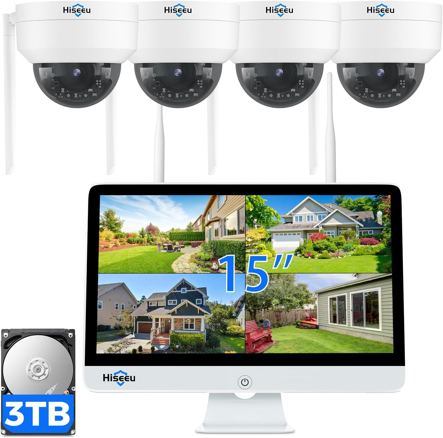 [3TB Storage] Hiseeu Security Cameras Wireless Outdoor System with 15" LCD Monitor 10CH NVR,5MP PTZ Dome Security Cameras System