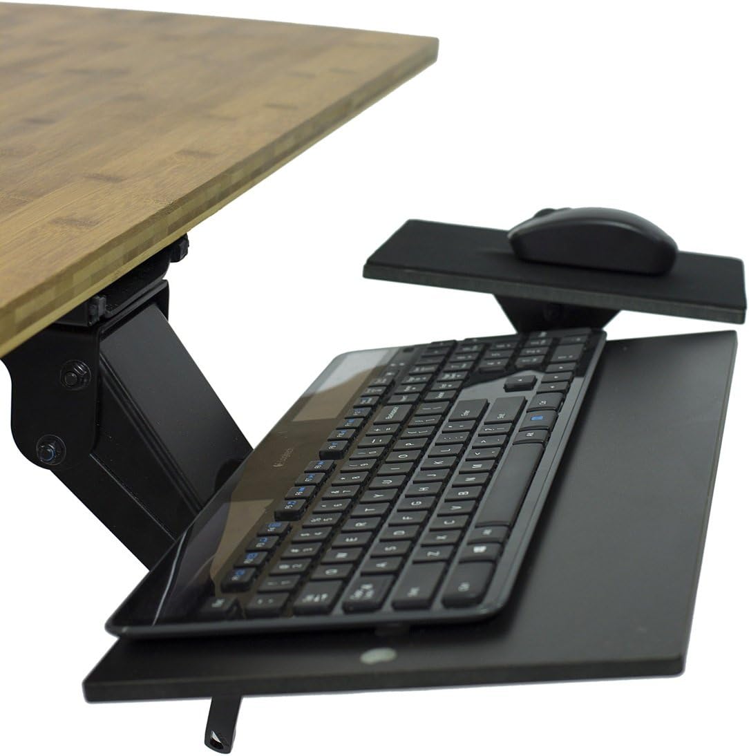Uncaged Ergonomics KT1 Ergonomic Under-Desk Computer Keyboard Tray. Adjustable height angle negative tilt sliding pull out drawer platform swivels