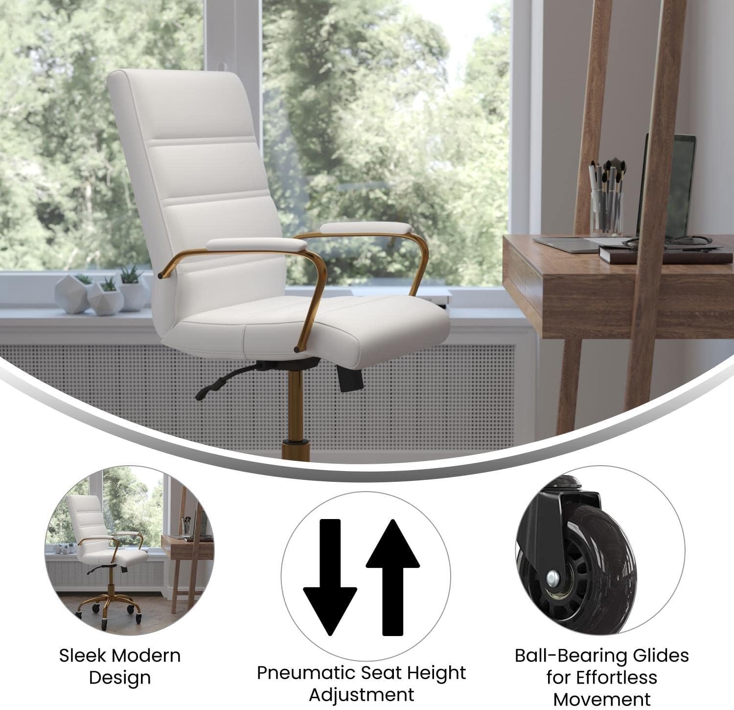 Flash Furniture Camilia Mid-Back Executive Swivel Office Chair with Gold Frame, Arms, and Transparent Roller Wheels, 24", White LeatherSoft