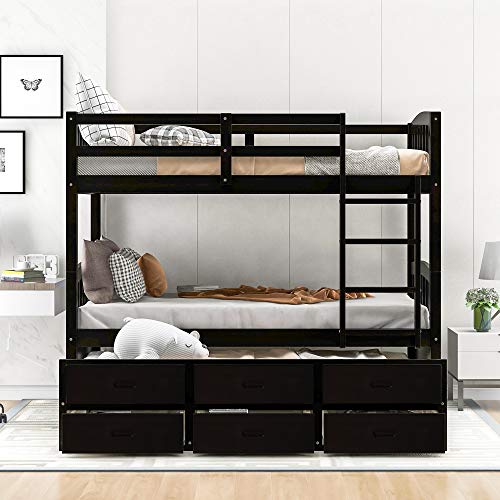 Harper & Bright Designs Twin Over Twin Bunk Bed with Storage Drawers, Solid Wood Bunk Bed Frame with Trundle, for Kids, Teens, Adults (White)