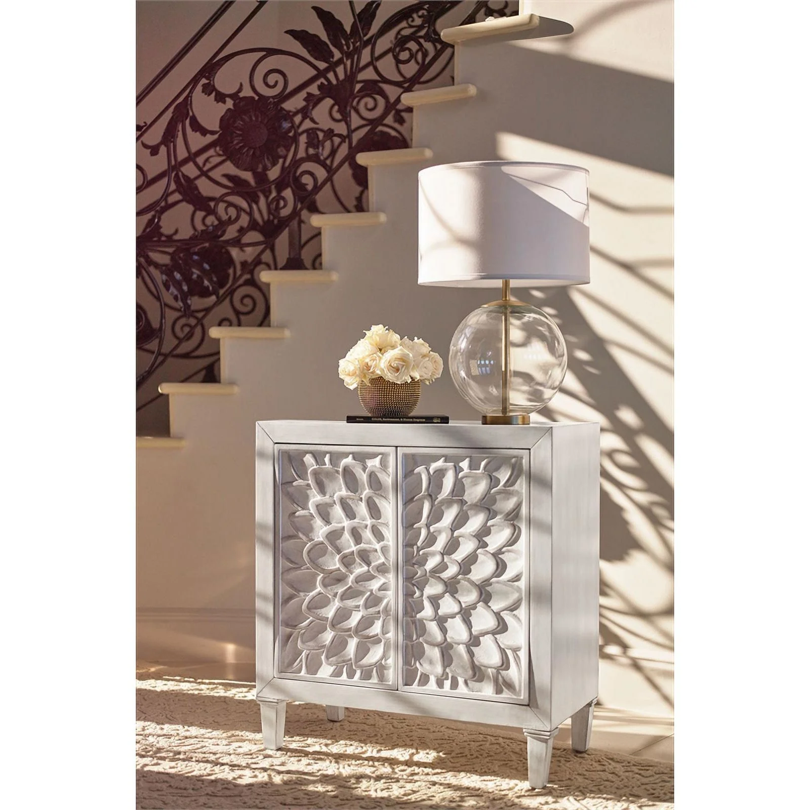 Pemberly Row Wood Accent Cabinet with Floral Carved Door White