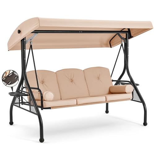 HOMREST 3 Seat Outdoor Porch Swing with Adjustable Canopy, Convertible Patio Swing Bed with Stand, Patio Glider Swing with Upgraded Cup Holder