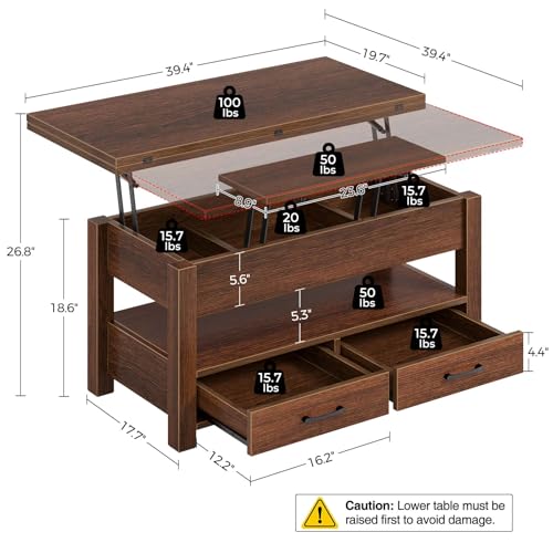 Rolanstar Coffee Table Lift Top, Multi-Function Convertible Coffee Table with Drawers and Hidden Compartment