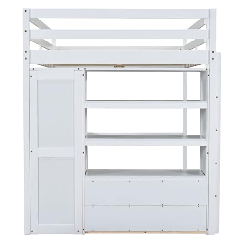 Harper & Bright Designs Full Size Loft Bed with Desk & Wardrobe, Wood Full Loft Bunk Bed with Storage Shelves and Drawers, No Box Spring Needed,White