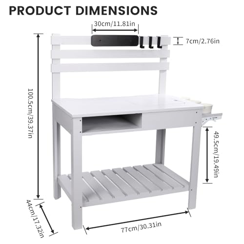 Potting Bench Table Outdoor Garden Table Wooden Work Station Outdoor Garden Work Bench Platform with 3 Side Hook Shelf Natural Wood Rice-White