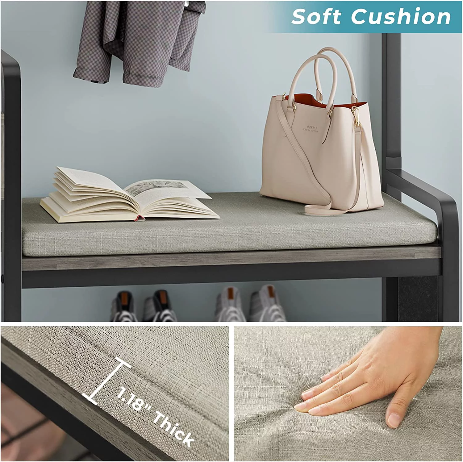 Hall Tree, Entryway Bench, Shoe Rack for Entryway, Coat Rack Furniture with Storage, Soft Cushion and Hanging Rod, Oak Grey