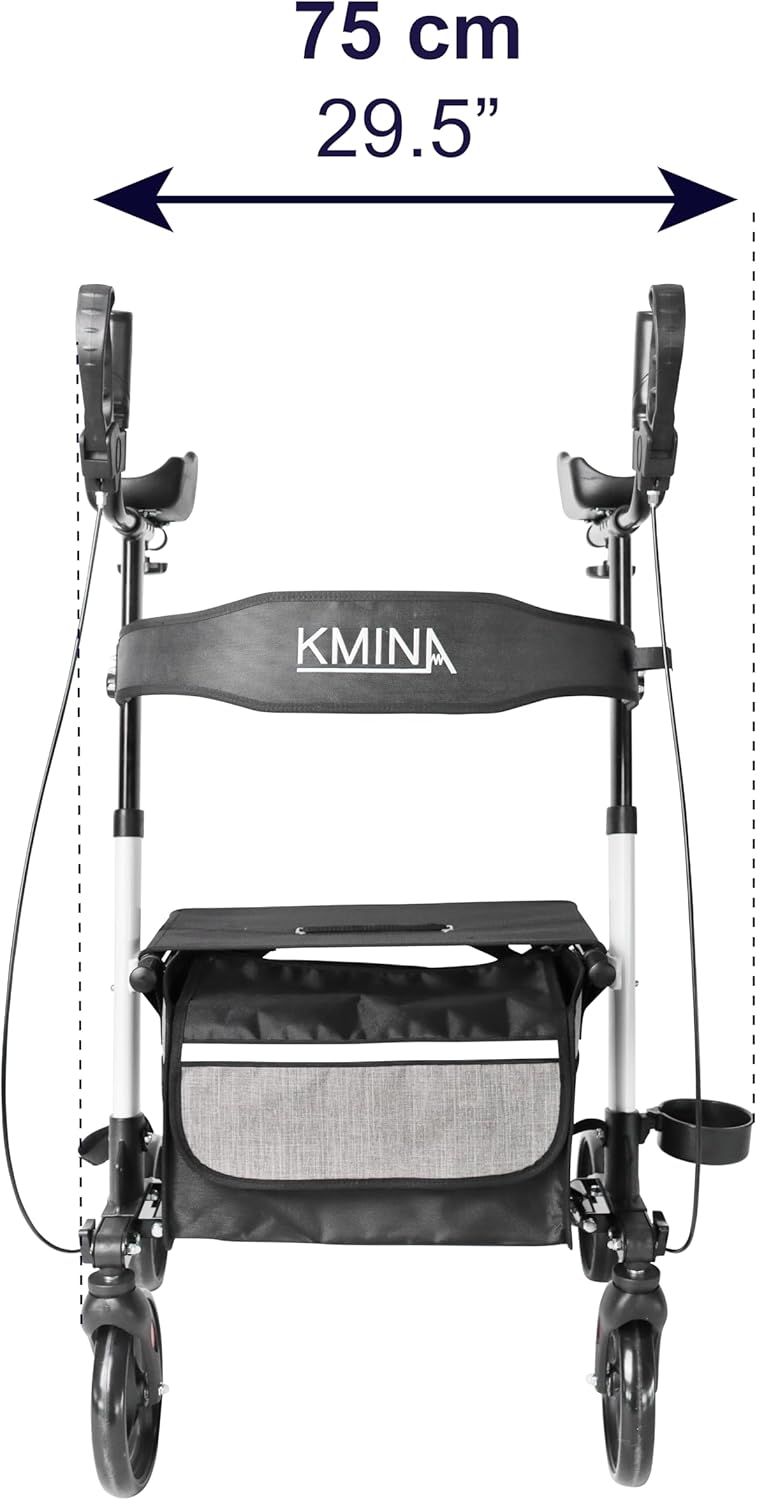 KMINA - Upright Rollator Walker with Seat and Back Support, Folding Stand Up Walkers for Seniors with Armrest, Upright Walkers for Elderly Adjustable