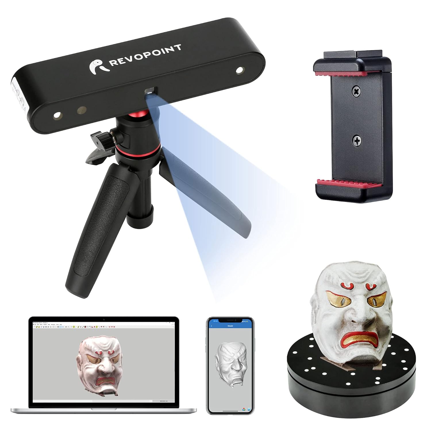 Revopoint POP 3D Scanner with Turntable 0.3mm Accuracy 8 Fps Scan Speed Desktop and Handheld Fixed/Auto Scan Mode for Face and Body Scanning Modes
