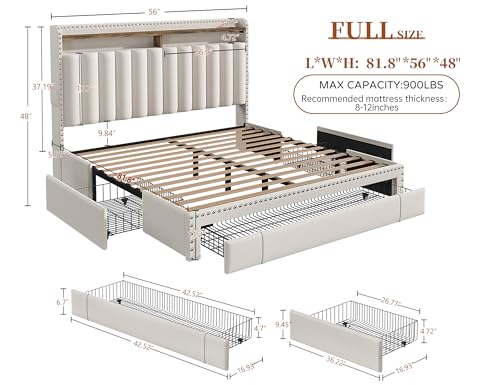 EnHomee Queen Bed Frame with 3 Storage Drawers, Upholstered Bed Frame Queen Size with 2-Tier Storage Headboard, Wooden Slats, No Box Spring Needed