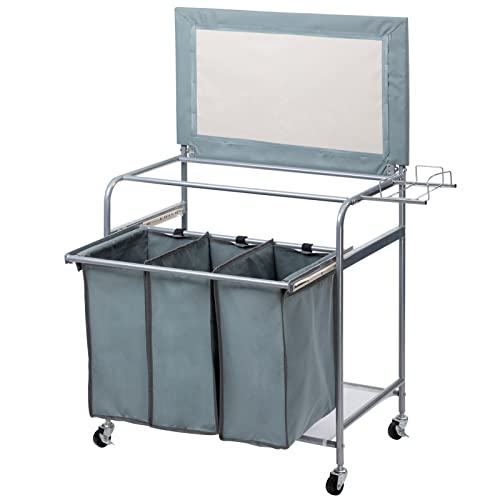 ALIMORDEN Laundry Sorter with Ironing Board Iron Rack Rolling Laundry Basket with Side pull 3-Bag Heavy-Duty Laundry Room Organizer Clothes Hamper