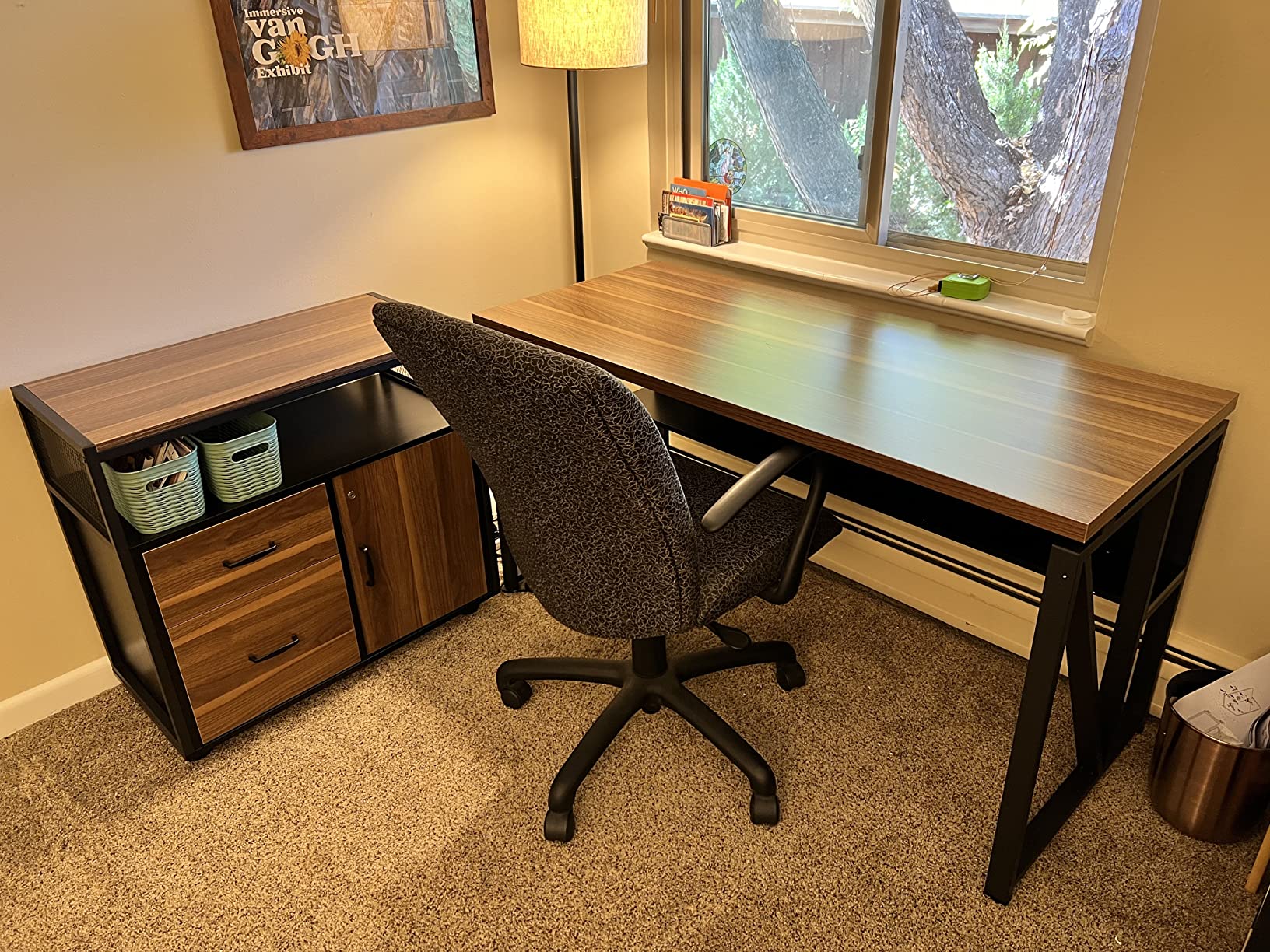 【Furniture】L Shaped Desk with Drawer Cabinet, 55" Executive Computer Desk and lateral File Cabinet