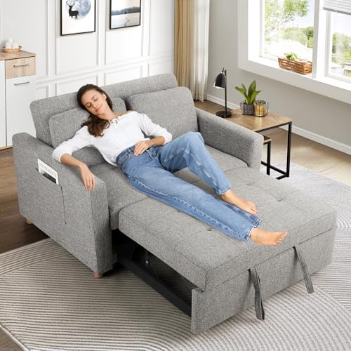 SEJOV 3-in-1 Convertible Sofa Bed, Linen Fabric Sleeper Couch Pull Out Bed, 49" 2-Seater Loveseat Futon Sofa with Spring Support