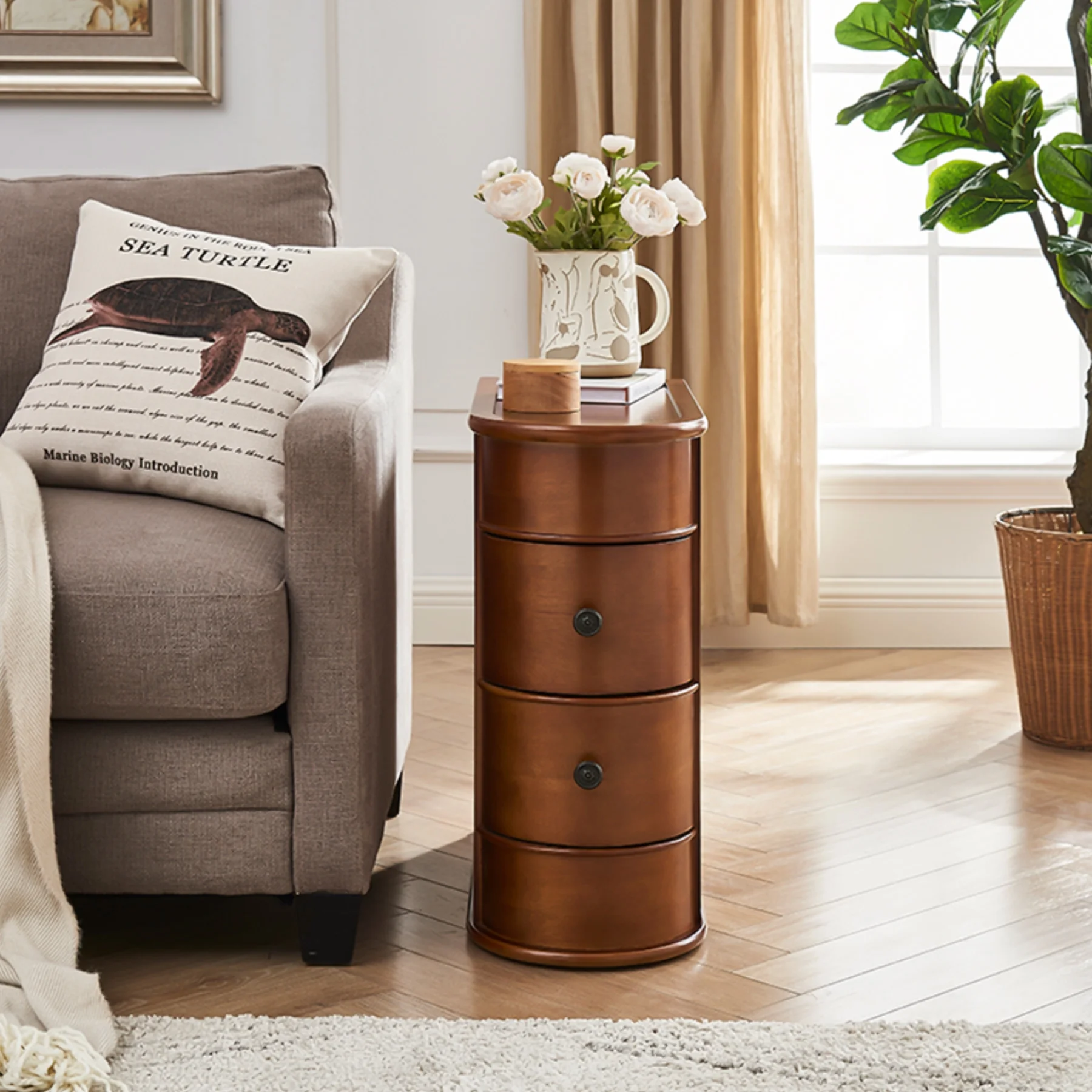 Tribesigns 2-Drawer Solid End Table, 23.6"H Wood Side Tables No Assembly Required, Living Room, Home, Brown