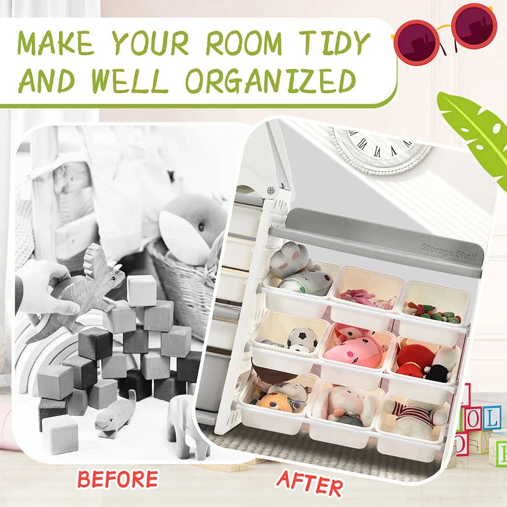 Kids Bookshelf Toy Storage Organizer, Multi-functional Nursery Organizer with 17 Bins and 4 Bookshelves