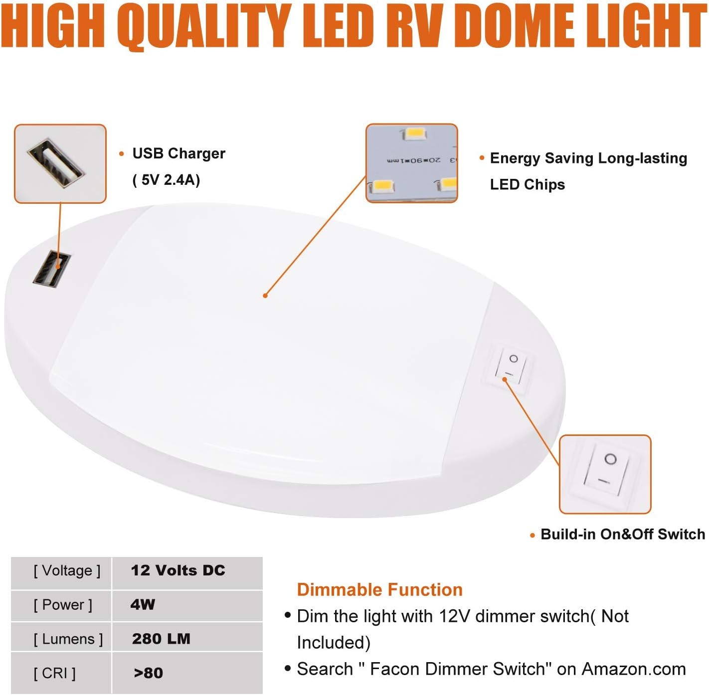 Facon Fashion LED Bright Pancake Light 12 Volt Interior Ceiling Dome Light with On/Off Switch for RV Motorhomes Camper Caravan Trailer Boat (with