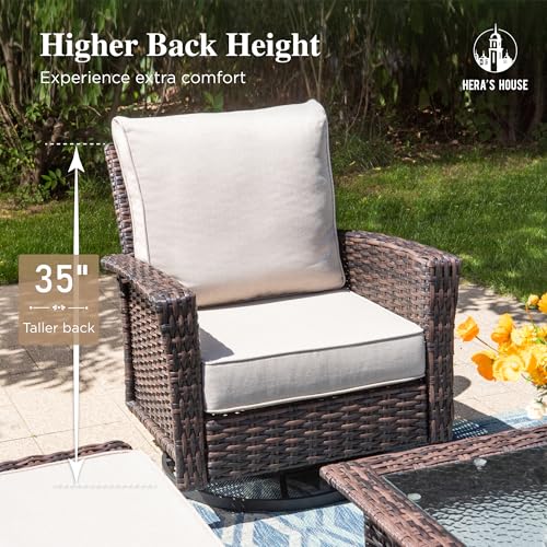 HERA'S HOUSE High Back Patio Furniture Set with Swivel Chairs, Outdoor Wicker Conversation Sets with 5.5" Comfy Cushions, 4 Piece Outside Sofa Sets
