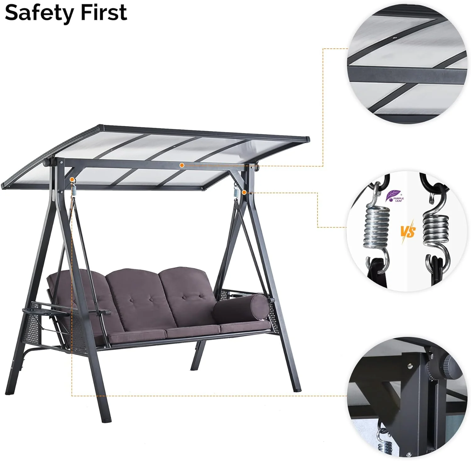 PURPLE LEAF Outdoor Patio Porch Swing with Adjustable PVC Canopy, 3-Seat Swing Chair Bench with Side Cup Holder for Backyard Front Porch Lawn
