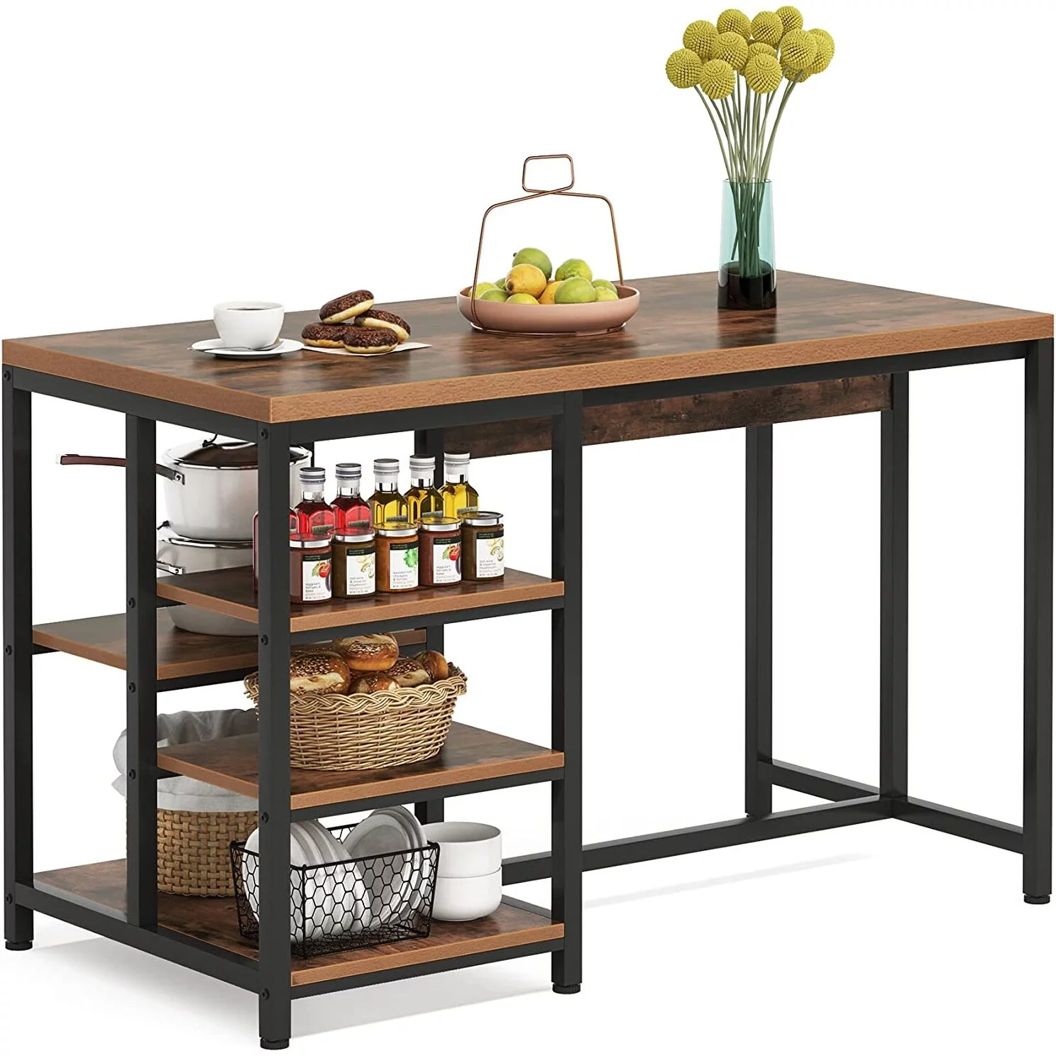 Industrial Kitchen Island with Storage Shelves,Small Dining Table with 5 Shelves, Saving Space(Not Including Stools)