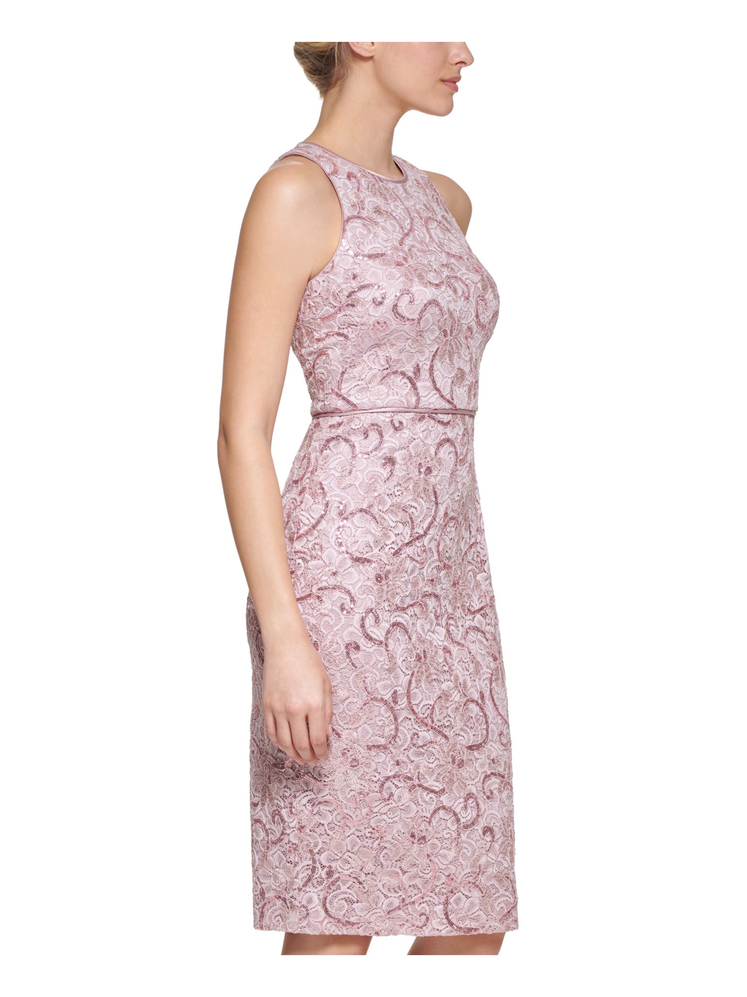 VINCE CAMUTO Womens Pink Embellished Partially Lined Floral Sleeveless Round Neck Below The Knee Cocktail Body Con Dress 8