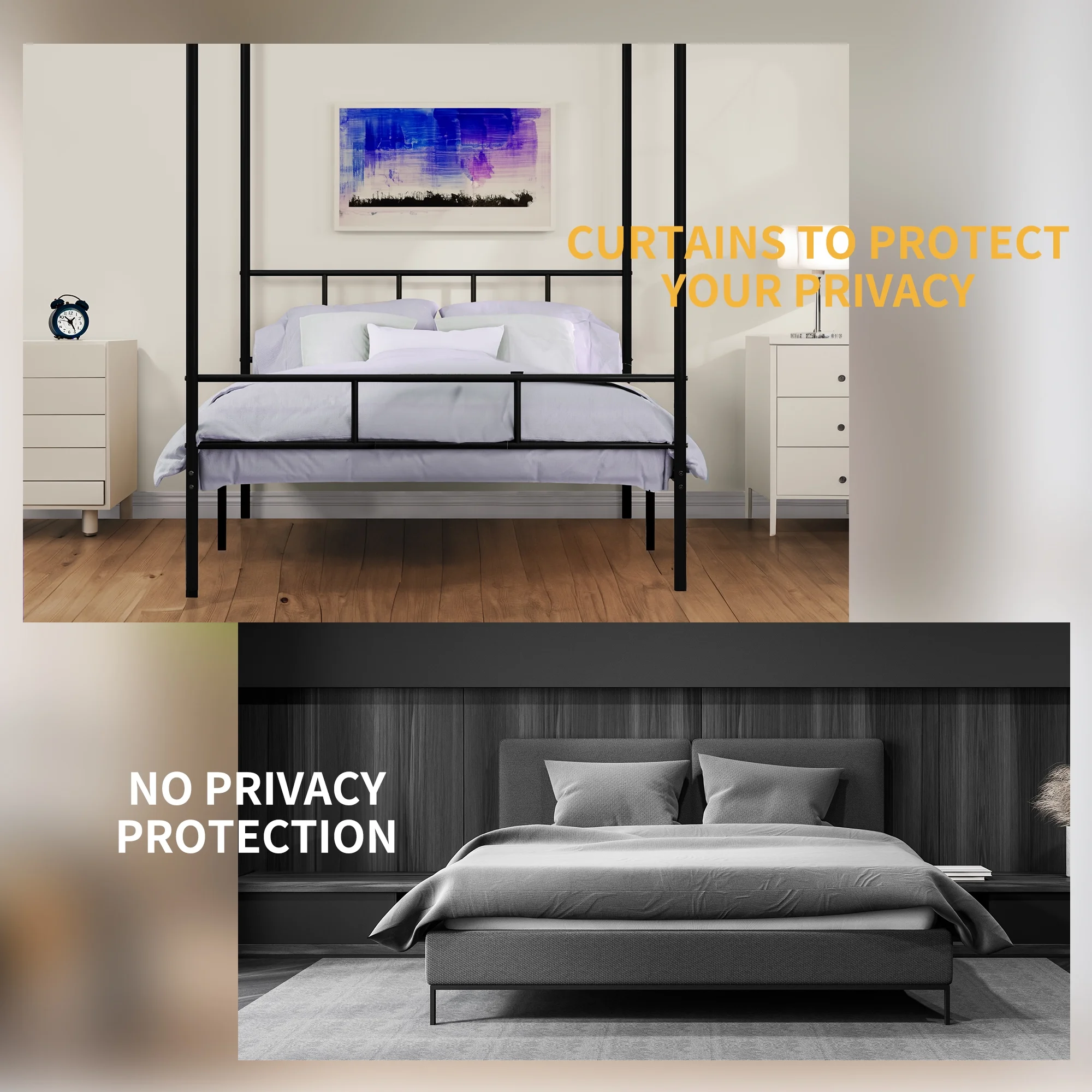 Dextrus Queen Size Bed Frame, Metal Canopy Four Poster Bed Frame with Built-in Headboard Strong Metal Slat Mattress Support, No Box Spring Needed