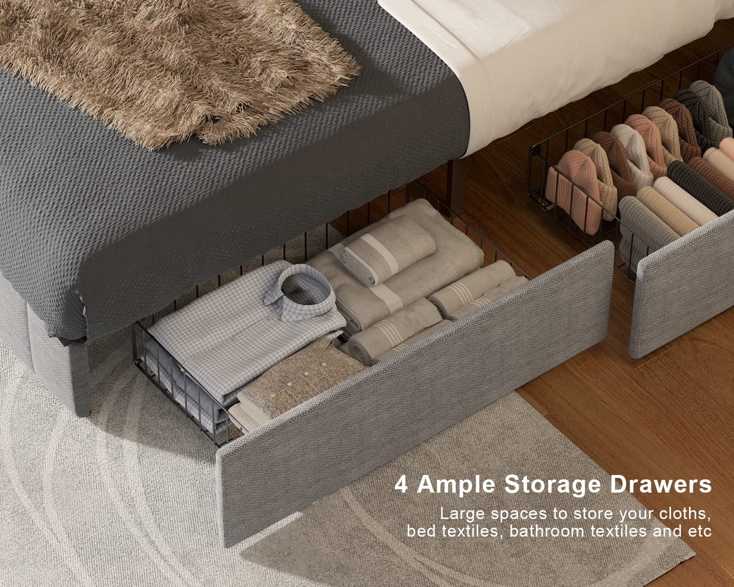 Lofka Full Size Bed Frame with Storage Drawers and Adjustable Headboard Bed Frame Light Grey