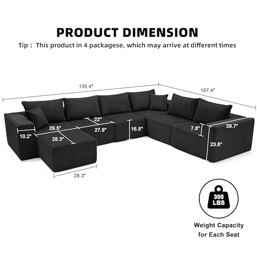 107.4" Cloud Couch Sectional, Modular Sofa with Deep Seat, Plush Corduroy L Shaped Boneless Couch, Convertible Sectional Couches for Living Room